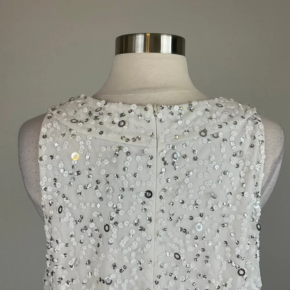 Adrianna Papell Sequin Sleeveless Sheath Cocktail Dress White and Silver Size 8 - Picture 9 of 13